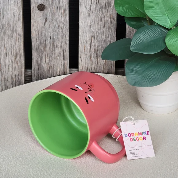 Quirky Simple Line Art Face Pink Mug with Green Interior by Dopamine Decor - Picture 2 of 4